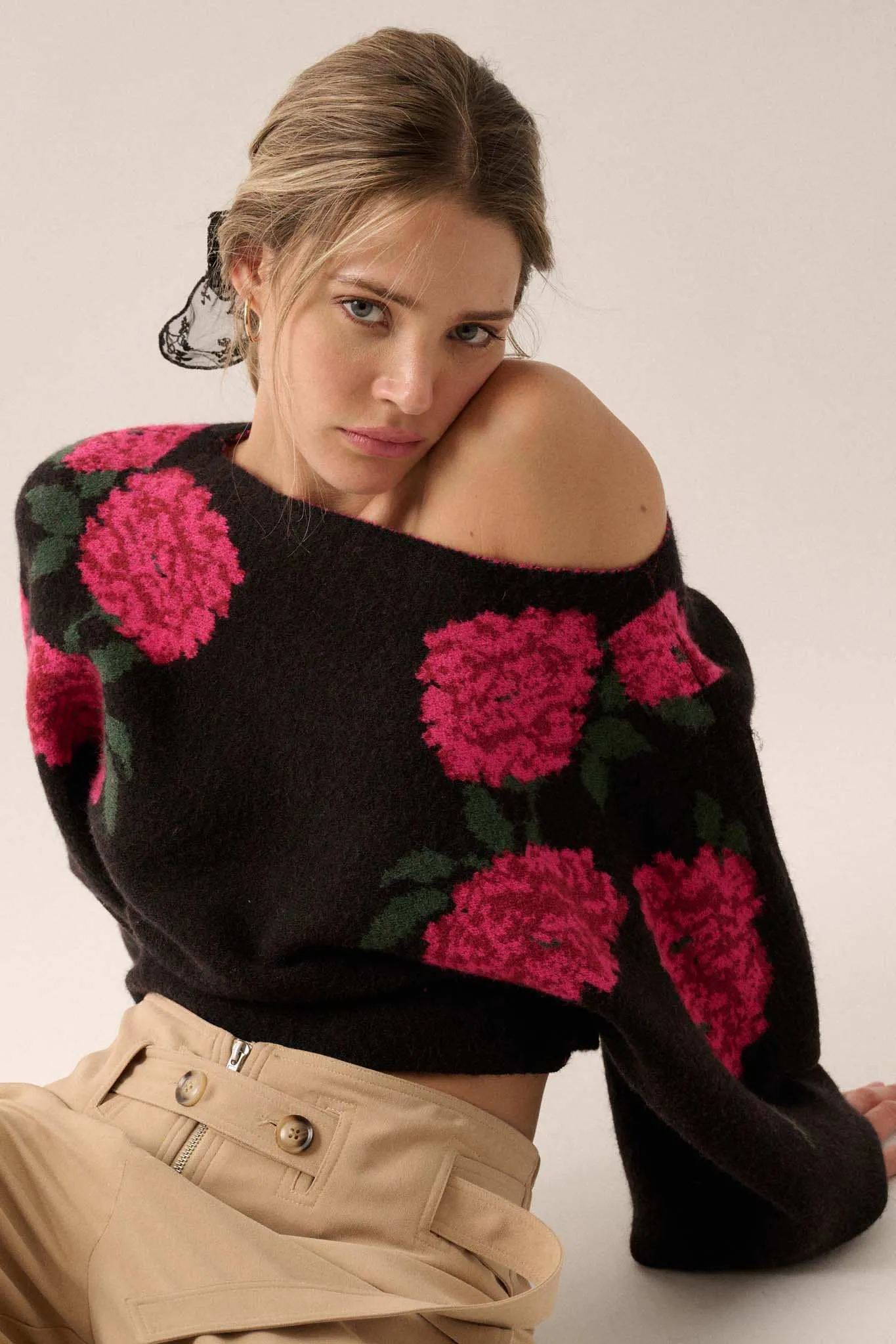 Autumn Blooms Floral Knit Boat Neck Sweater