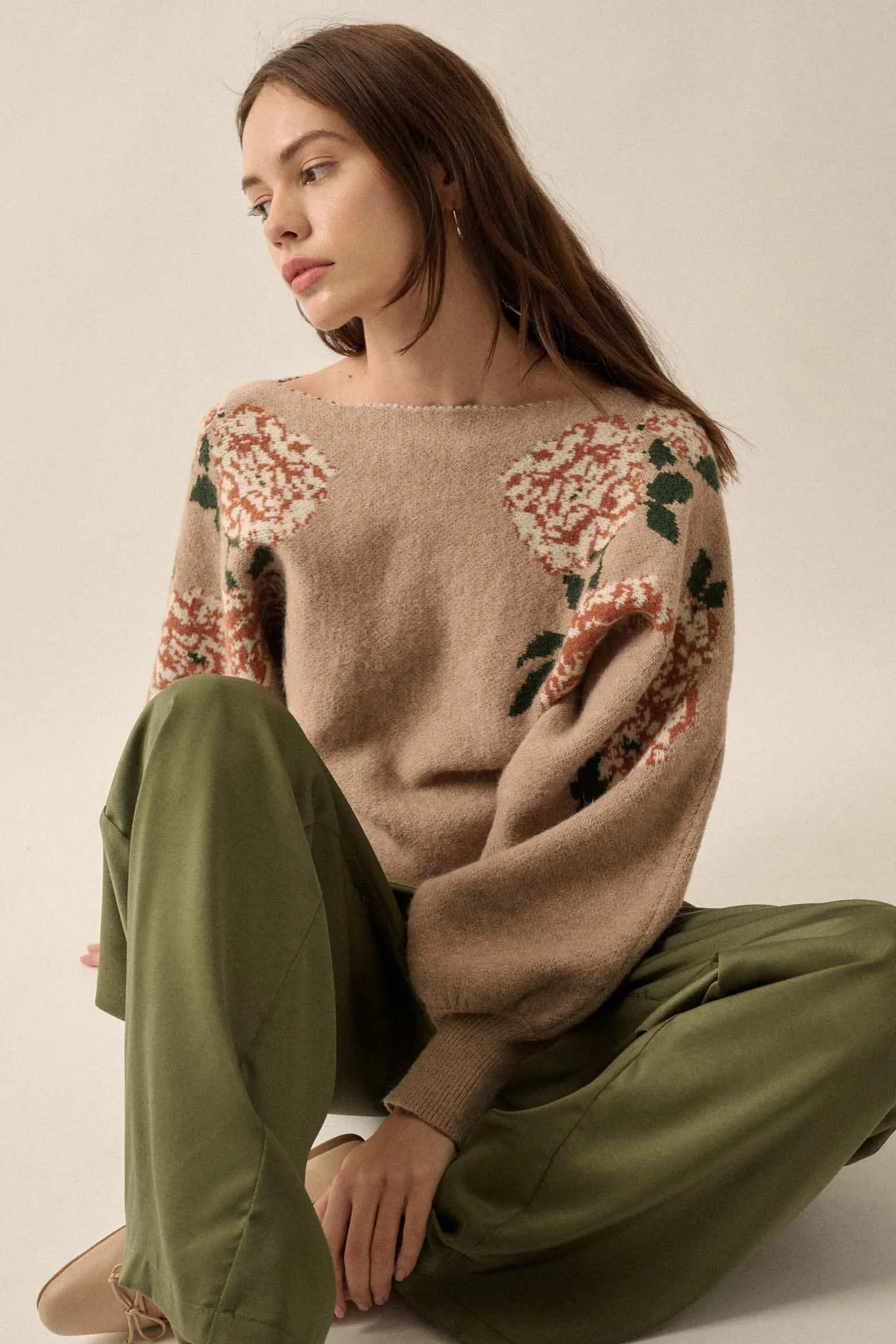 Autumn Blooms Floral Knit Boat Neck Sweater