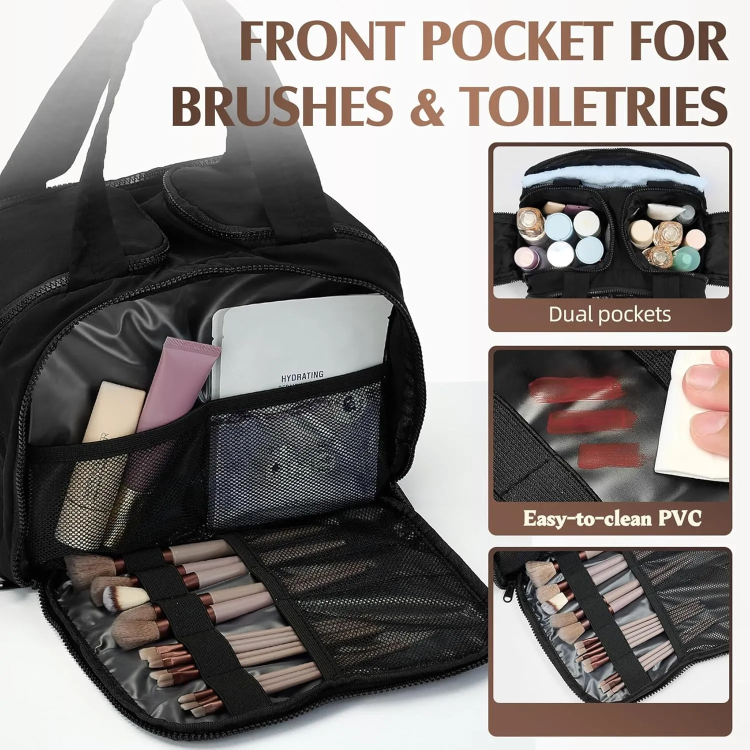 Azooken Travel Toiletry Bag,Large Casual Wide-open Travel Bag for Women,Puffy Cosmetic Makeup Bag Organizer with Handle for Accessories,Essentials,Toiletries-Black