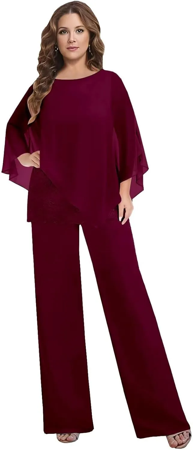 BANTRATIC Dressy 2 Pieces Mother of The Bride Pantsuits for Women Chiffon Cape Formal Guest Evening Prom Cocktail Pant Outfit