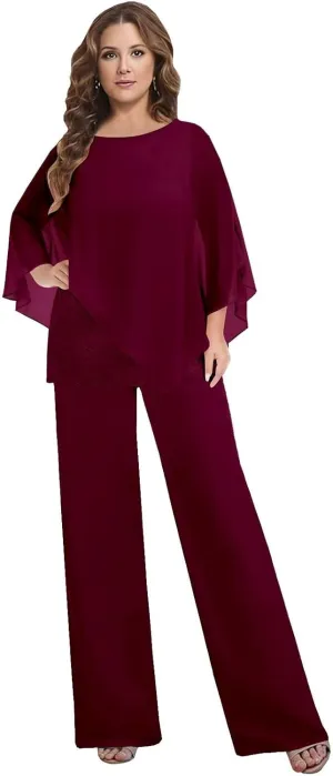 BANTRATIC Dressy 2 Pieces Mother of The Bride Pantsuits for Women Chiffon Cape Formal Guest Evening Prom Cocktail Pant Outfit