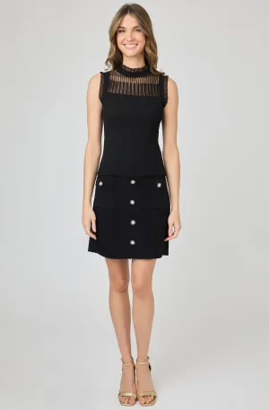Black Knit Mini Skirt Button Front Pocket
