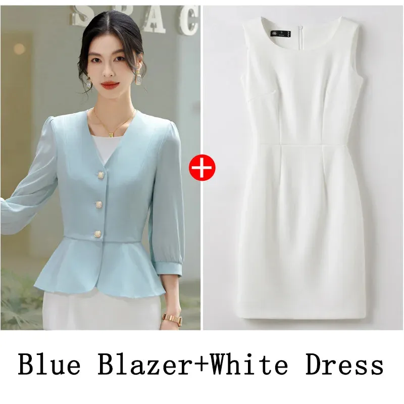  Bonnyshow  Women Formal 2 Pieces Set  New Fashion Lantern Sleeve Jacket   White Dress Suit Office Ladies Business Blazers Skirt Set
