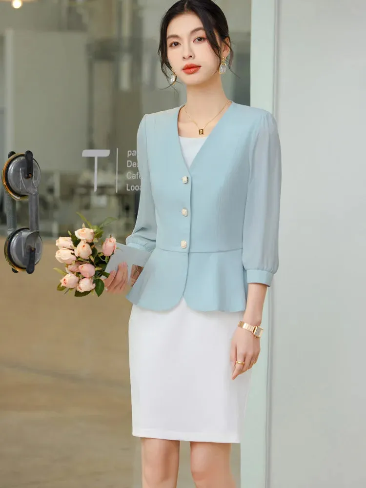  Bonnyshow  Women Formal 2 Pieces Set  New Fashion Lantern Sleeve Jacket   White Dress Suit Office Ladies Business Blazers Skirt Set