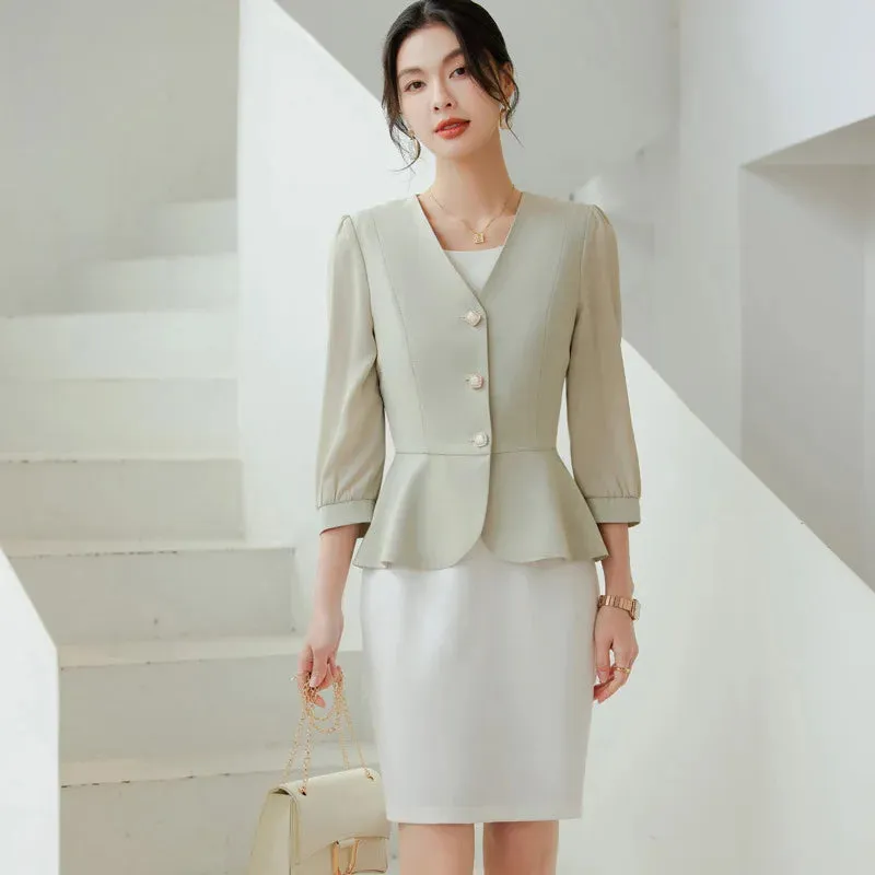  Bonnyshow  Women Formal 2 Pieces Set  New Fashion Lantern Sleeve Jacket   White Dress Suit Office Ladies Business Blazers Skirt Set