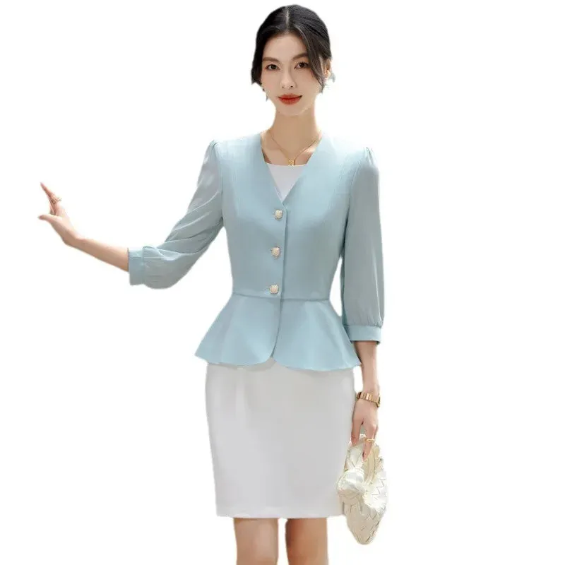 Bonnyshow  Women Formal 2 Pieces Set  New Fashion Lantern Sleeve Jacket   White Dress Suit Office Ladies Business Blazers Skirt Set