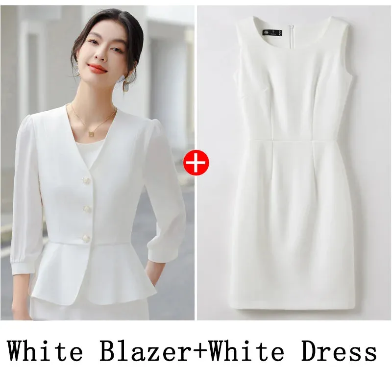  Bonnyshow  Women Formal 2 Pieces Set  New Fashion Lantern Sleeve Jacket   White Dress Suit Office Ladies Business Blazers Skirt Set