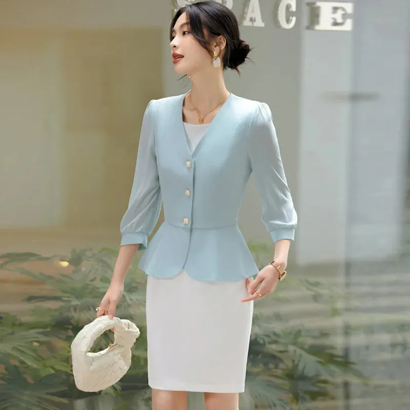  Bonnyshow  Women Formal 2 Pieces Set  New Fashion Lantern Sleeve Jacket   White Dress Suit Office Ladies Business Blazers Skirt Set