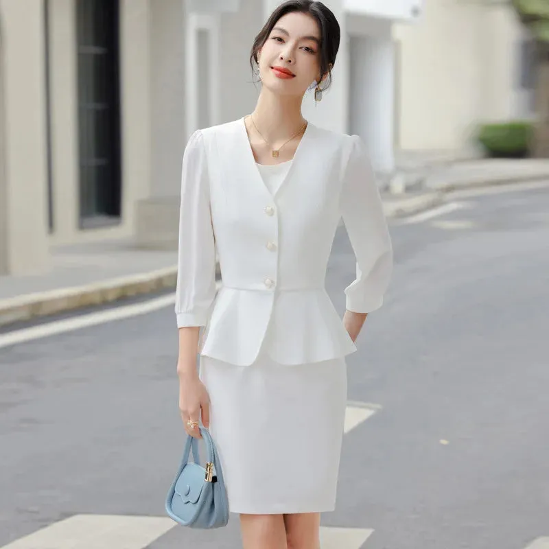  Bonnyshow  Women Formal 2 Pieces Set  New Fashion Lantern Sleeve Jacket   White Dress Suit Office Ladies Business Blazers Skirt Set