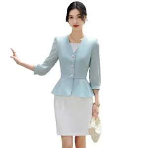  Bonnyshow  Women Formal 2 Pieces Set  New Fashion Lantern Sleeve Jacket   White Dress Suit Office Ladies Business Blazers Skirt Set