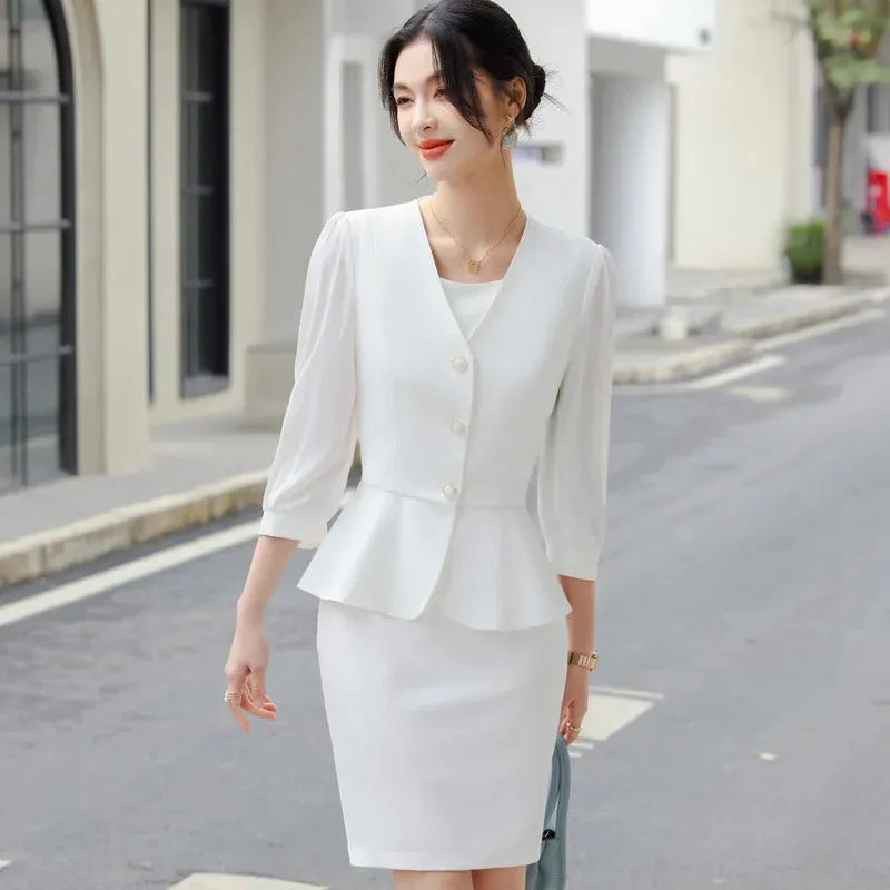  Bonnyshow  Women Formal 2 Pieces Set  New Fashion Lantern Sleeve Jacket   White Dress Suit Office Ladies Business Blazers Skirt Set