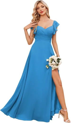 BONOYUER Chiffon Bridesmaid Dresses for Wedding Ruffle Sleeves V Neck Formal Wedding Guest Dress with Slit