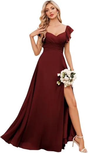 BONOYUER Chiffon Bridesmaid Dresses for Wedding Ruffle Sleeves V Neck Formal Wedding Guest Dress with Slit