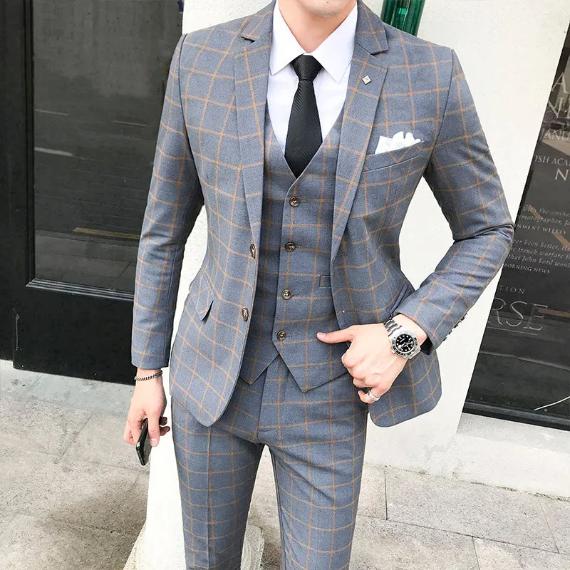 Bonsir Men Dress Blazers Pants Vest 3 Piece Set / Male Wedding New Autumn Business Formal Plaid Suit Luxury Slim Fit Coat Trousers