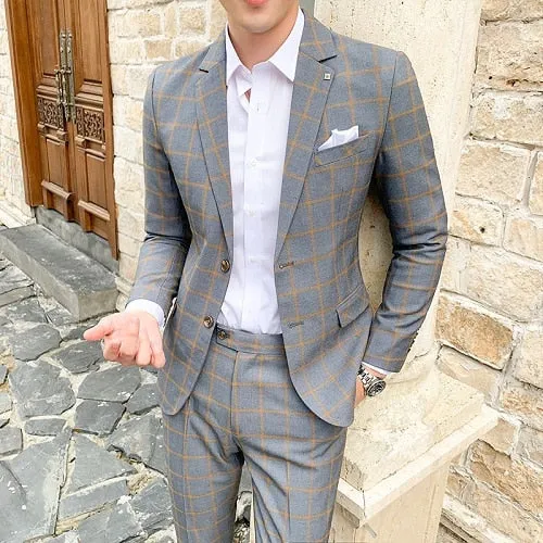 Bonsir Men Dress Blazers Pants Vest 3 Piece Set / Male Wedding New Autumn Business Formal Plaid Suit Luxury Slim Fit Coat Trousers