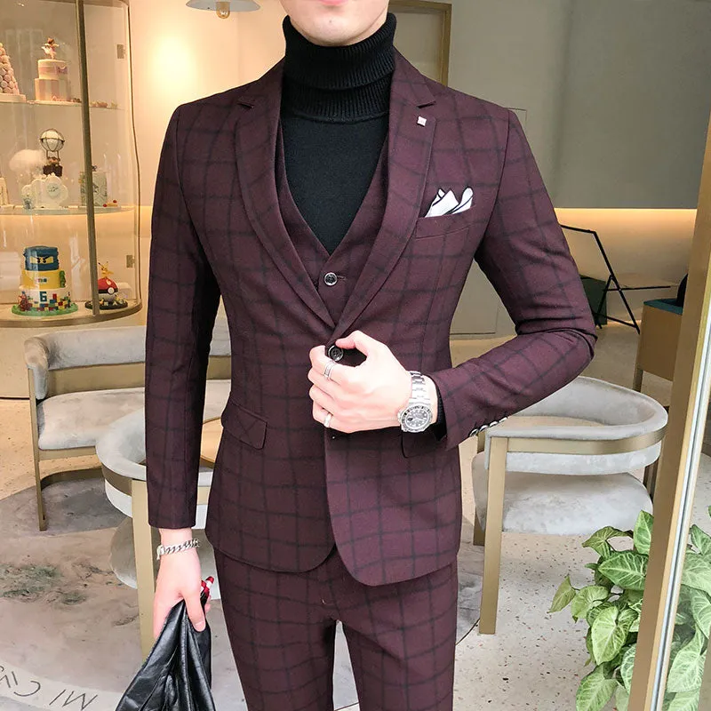 Bonsir Men Dress Blazers Pants Vest 3 Piece Set / Male Wedding New Autumn Business Formal Plaid Suit Luxury Slim Fit Coat Trousers
