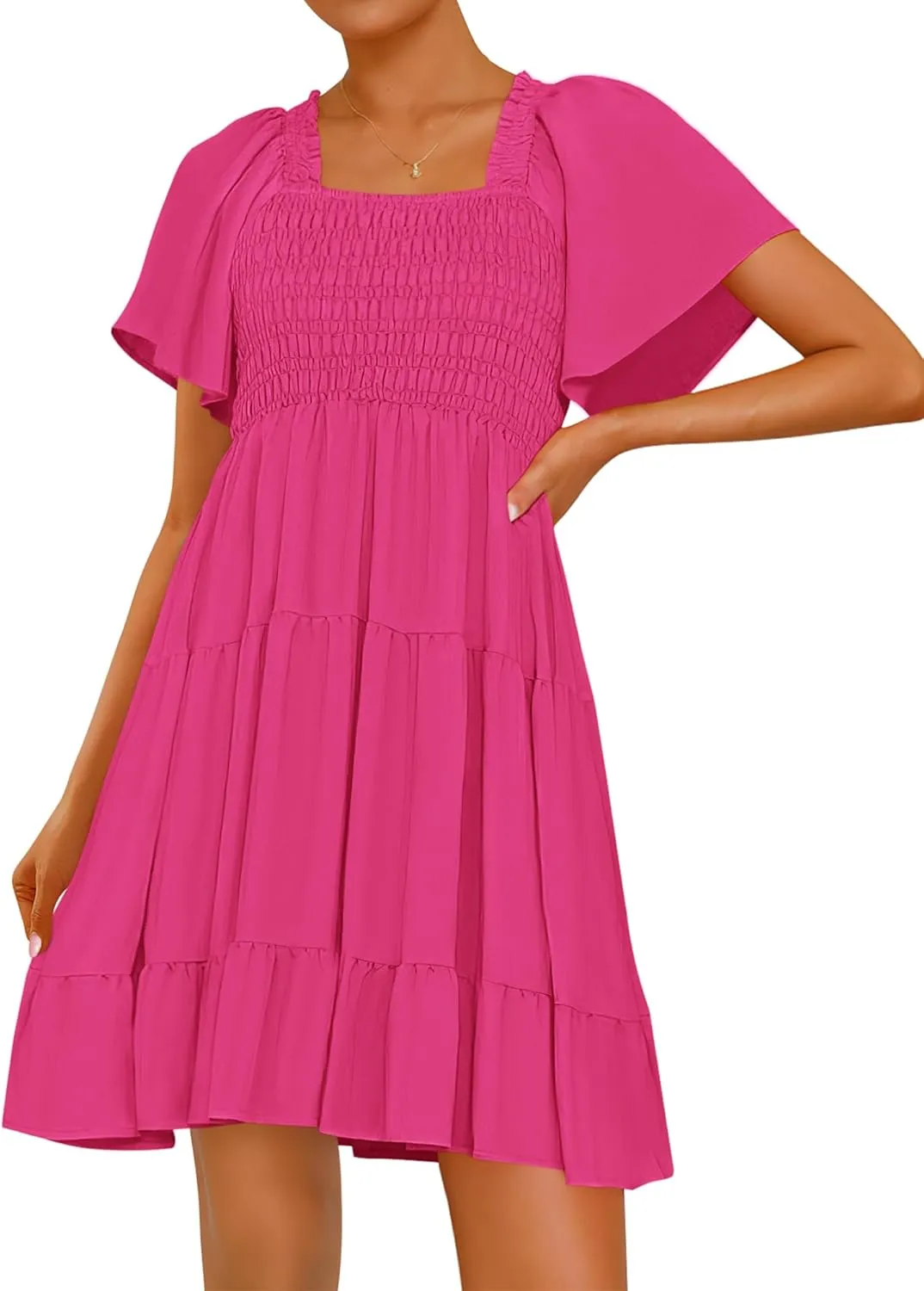 BTFBM Women's Summer Smocked Mini Dress Square Neck Flutter Sleeve Casual Ruffle Flared Swing Boho Beach Dresses Pockets