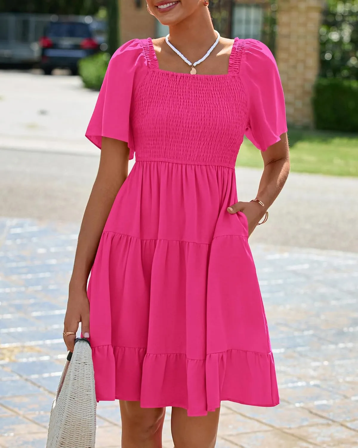 BTFBM Women's Summer Smocked Mini Dress Square Neck Flutter Sleeve Casual Ruffle Flared Swing Boho Beach Dresses Pockets