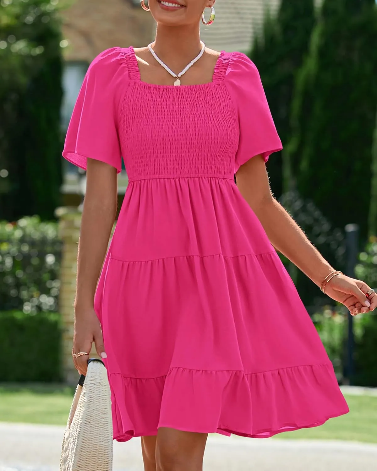 BTFBM Women's Summer Smocked Mini Dress Square Neck Flutter Sleeve Casual Ruffle Flared Swing Boho Beach Dresses Pockets