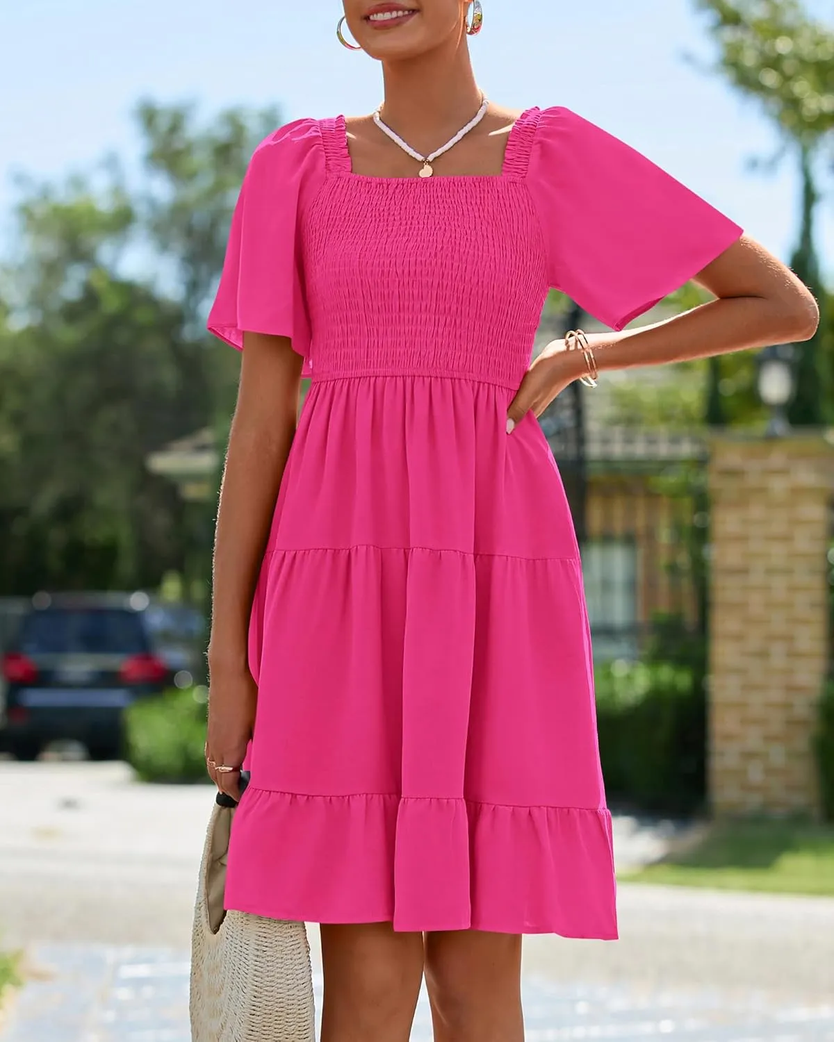 BTFBM Women's Summer Smocked Mini Dress Square Neck Flutter Sleeve Casual Ruffle Flared Swing Boho Beach Dresses Pockets