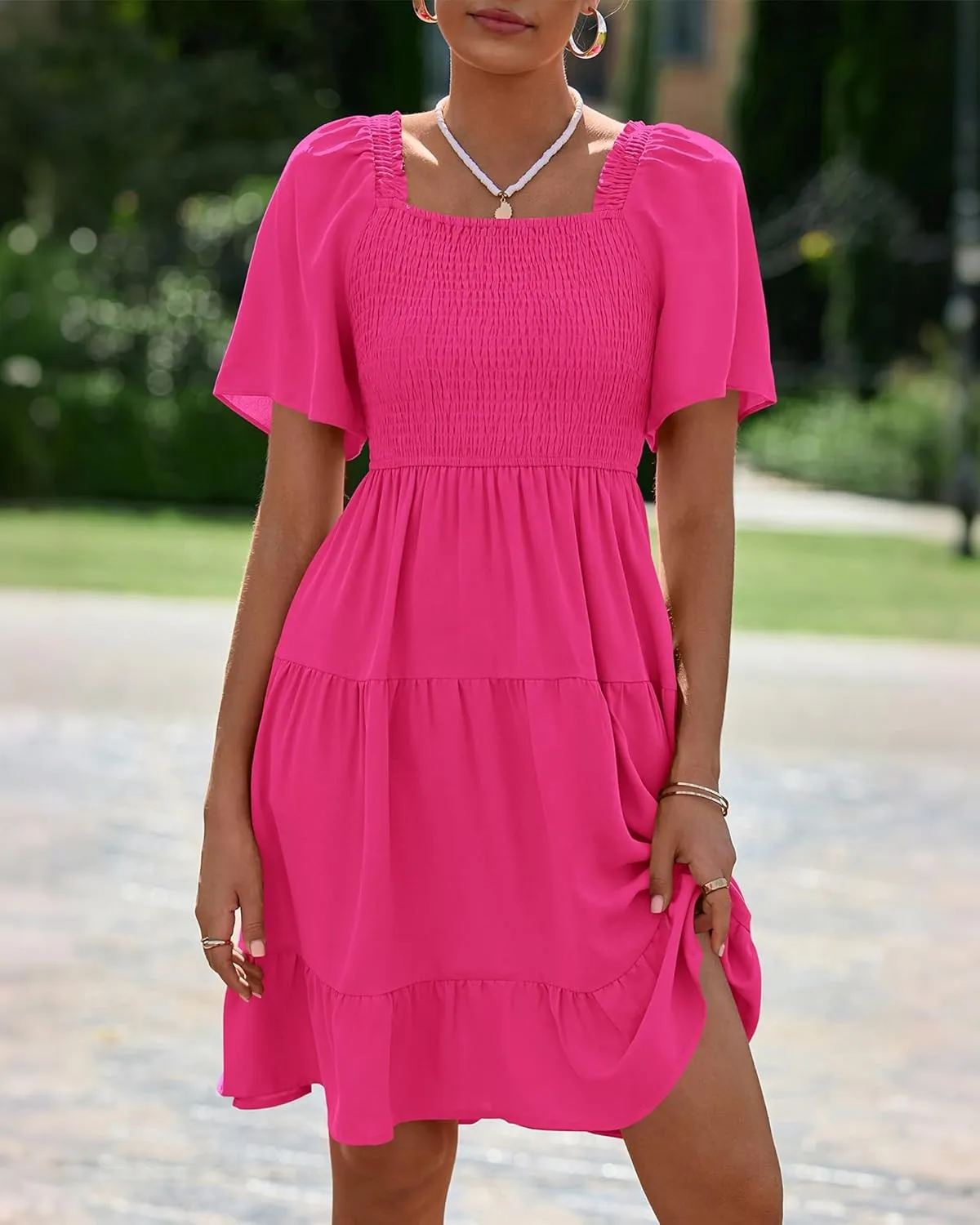 BTFBM Women's Summer Smocked Mini Dress Square Neck Flutter Sleeve Casual Ruffle Flared Swing Boho Beach Dresses Pockets