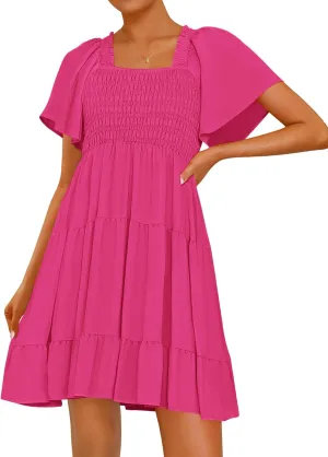 BTFBM Women's Summer Smocked Mini Dress Square Neck Flutter Sleeve Casual Ruffle Flared Swing Boho Beach Dresses Pockets