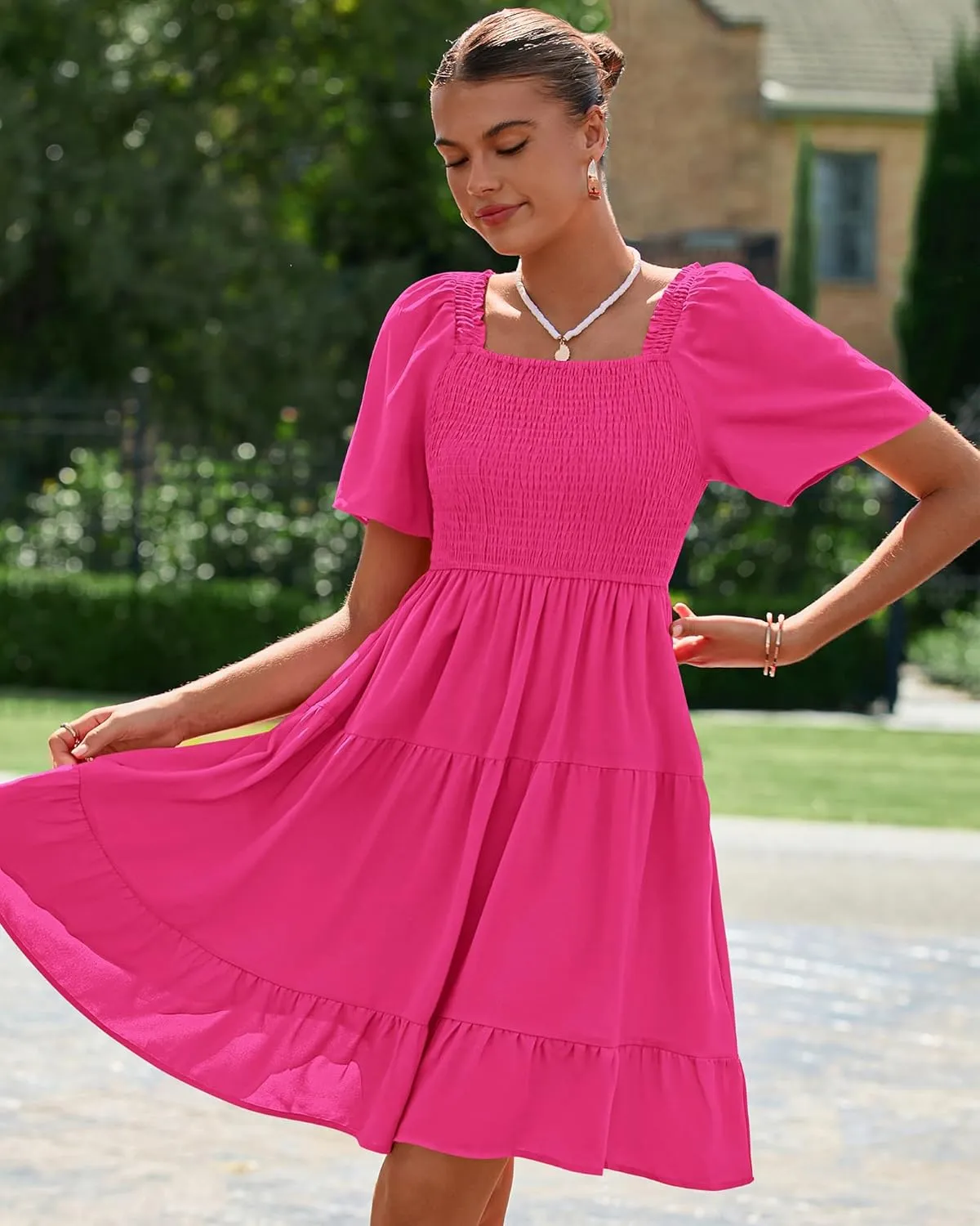 BTFBM Women's Summer Smocked Mini Dress Square Neck Flutter Sleeve Casual Ruffle Flared Swing Boho Beach Dresses Pockets
