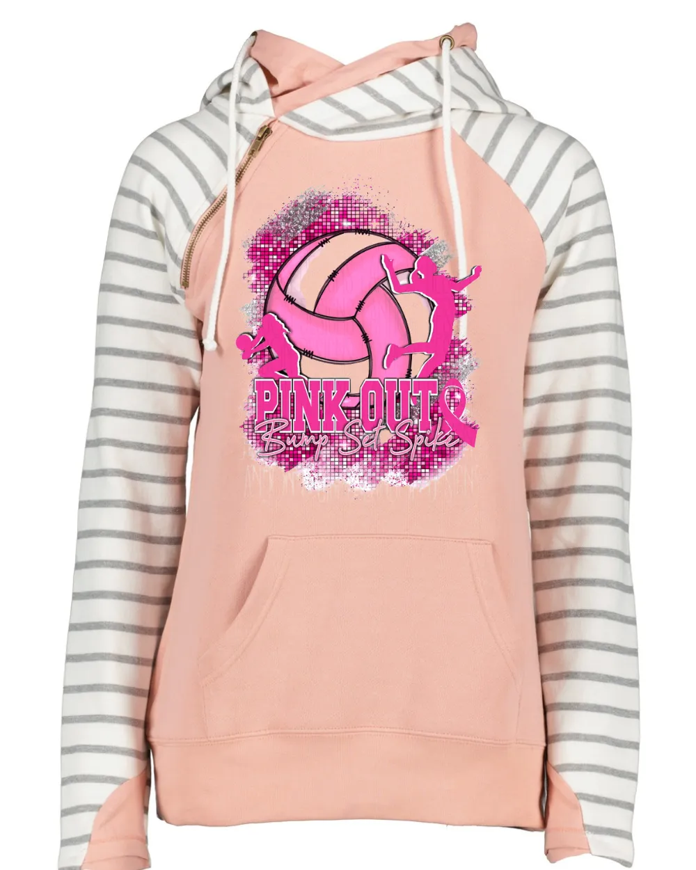 Bump Set Spike Faux Glitter Volleyball Pink Out Breast Cancer Awareness Women's Cowl Double Hood Top