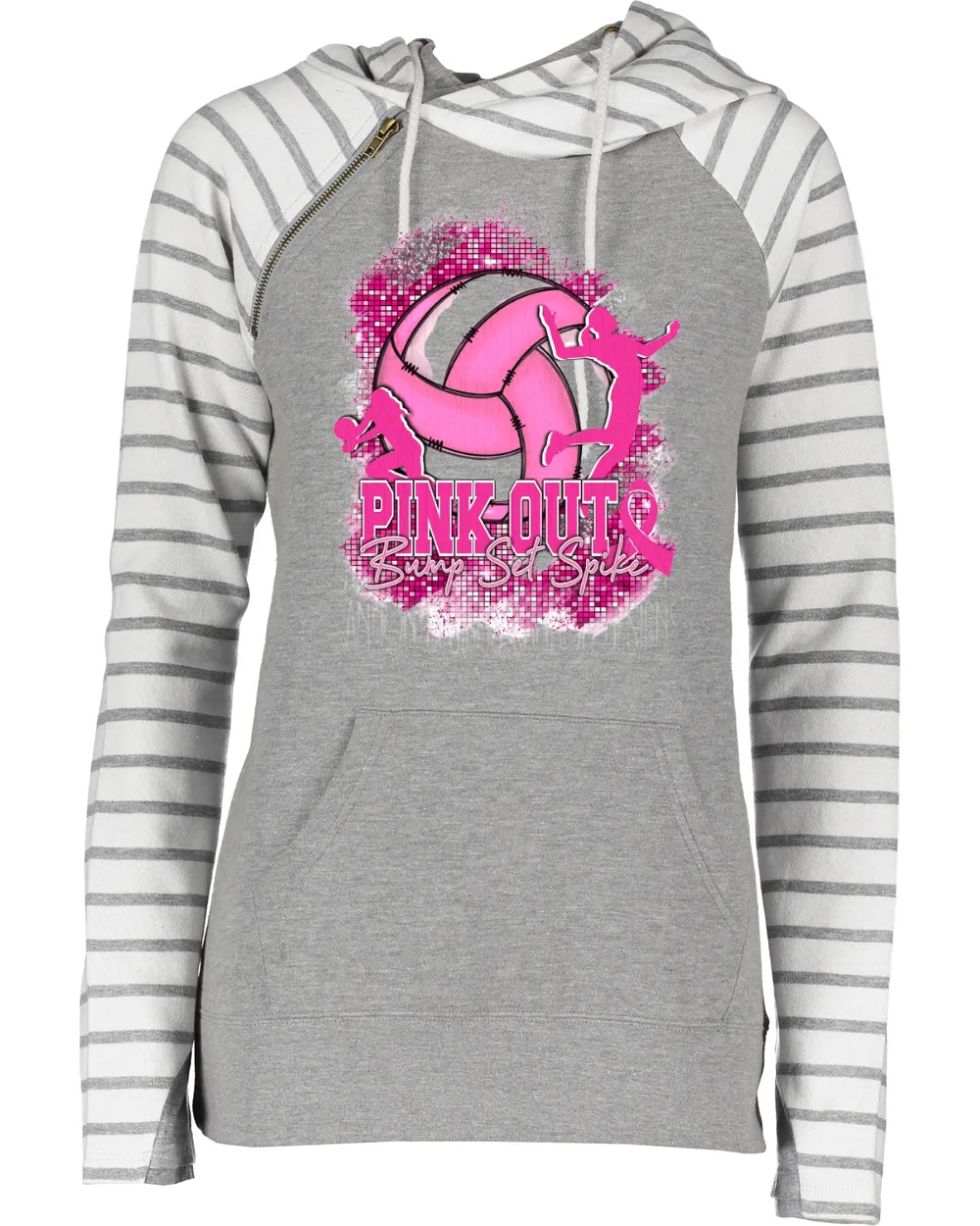 Bump Set Spike Faux Glitter Volleyball Pink Out Breast Cancer Awareness Women's Cowl Double Hood Top