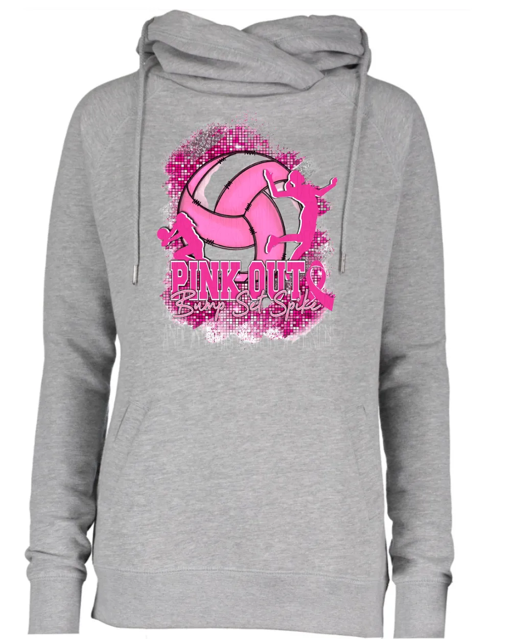 Bump Set Spike Faux Glitter Volleyball Pink Out Breast Cancer Awareness Women's Cowl Double Hood Top