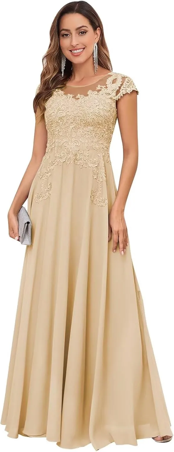 Cap Sleeve Mother of The Bride Dresses Long Chiffon Lace Formal Wedding Guest Dress with Pockets
