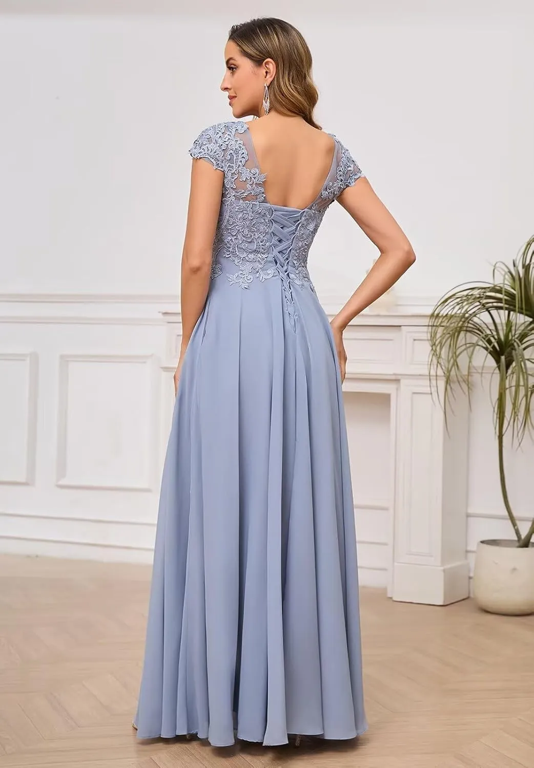 Cap Sleeve Mother of The Bride Dresses Long Chiffon Lace Formal Wedding Guest Dress with Pockets