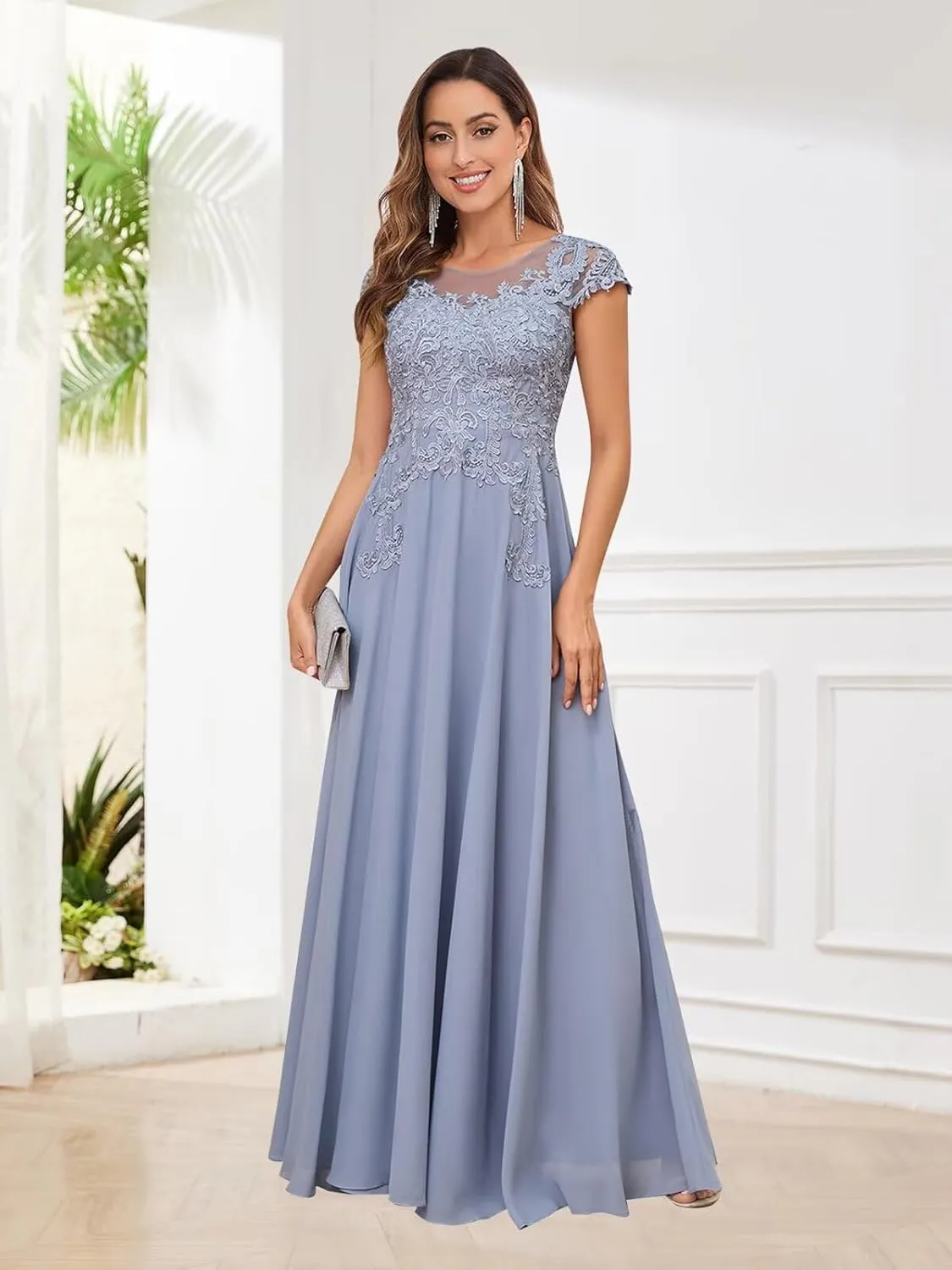 Cap Sleeve Mother of The Bride Dresses Long Chiffon Lace Formal Wedding Guest Dress with Pockets