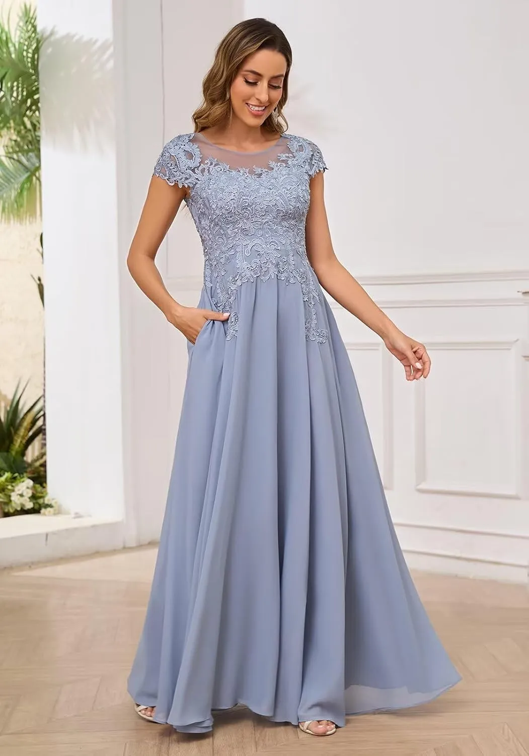Cap Sleeve Mother of The Bride Dresses Long Chiffon Lace Formal Wedding Guest Dress with Pockets