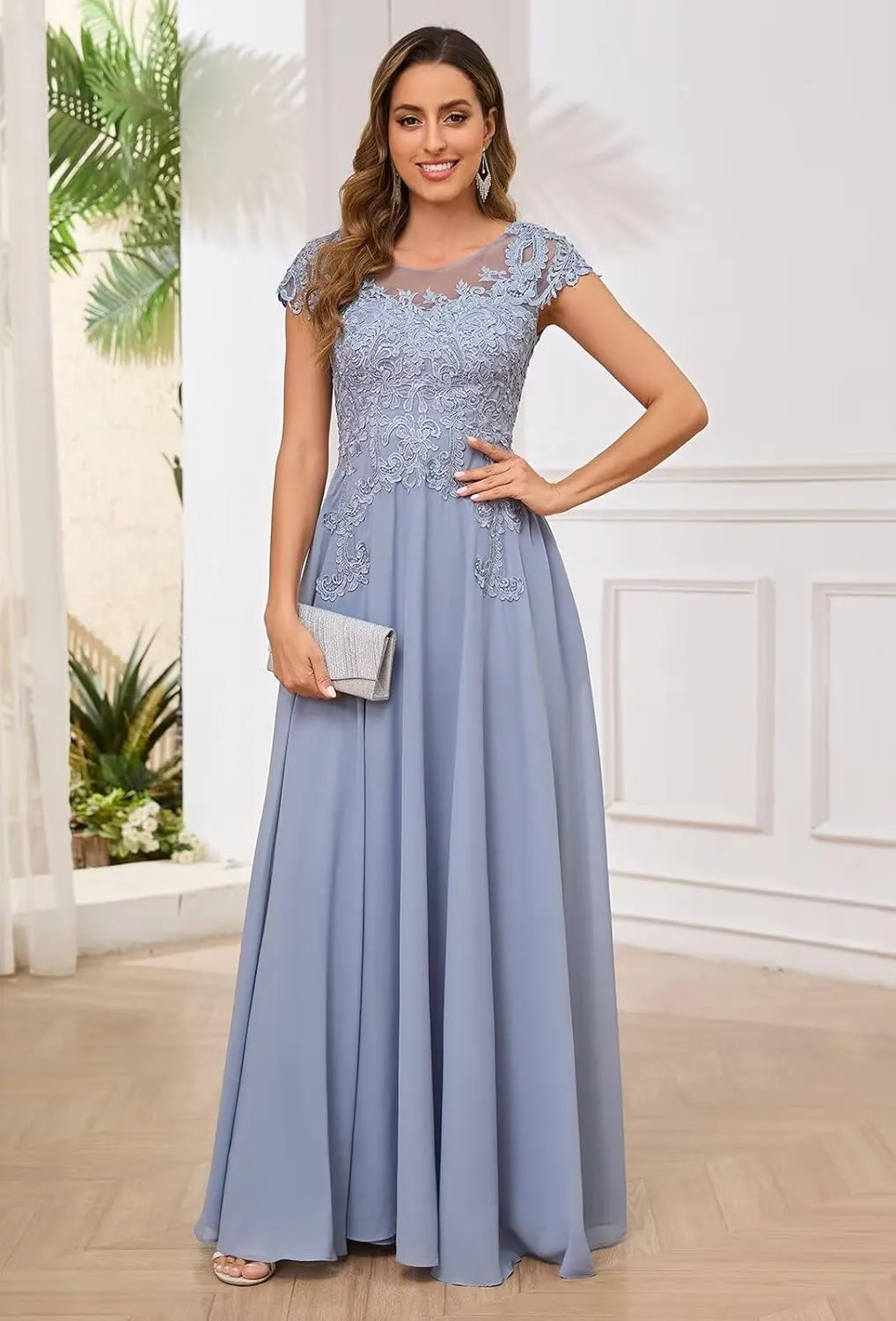 Cap Sleeve Mother of The Bride Dresses Long Chiffon Lace Formal Wedding Guest Dress with Pockets