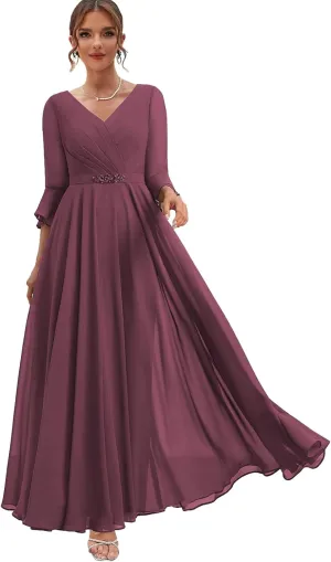 Chiffon Mother of The Bride Dresses with Sleeves Corset Formal Wedding Guest Dress for Women V Neck Evening Gown