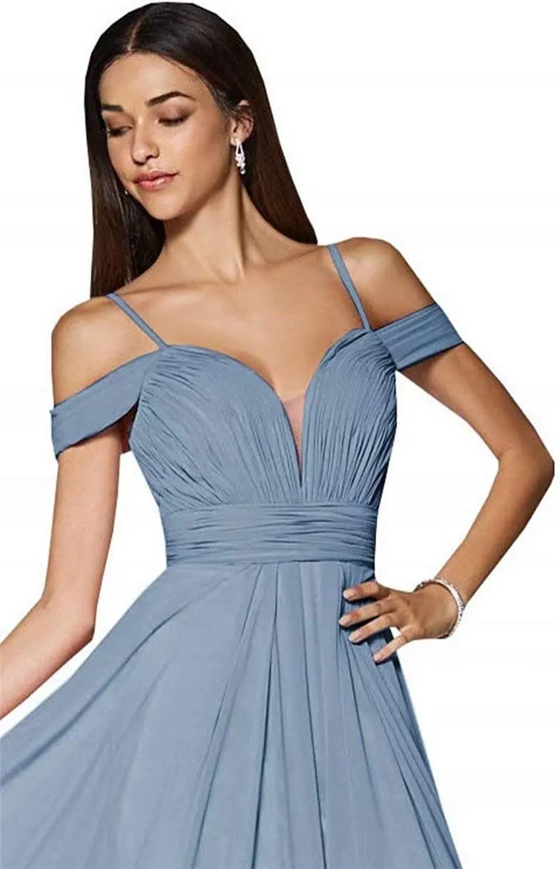 Cold Shoulder Bridesmaid Dresses for Women Juniors Pleated Chiffon Formal Prom Evening Gown
