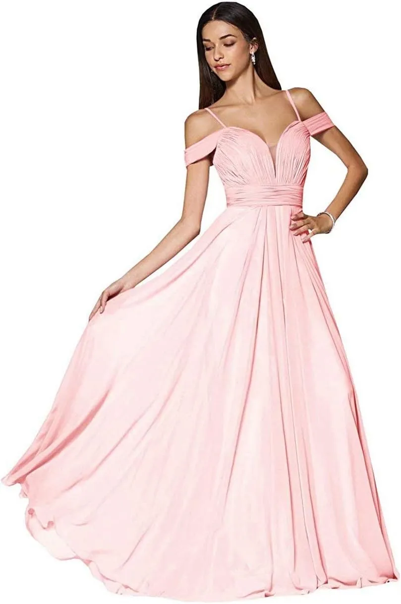 Cold Shoulder Bridesmaid Dresses for Women Juniors Pleated Chiffon Formal Prom Evening Gown