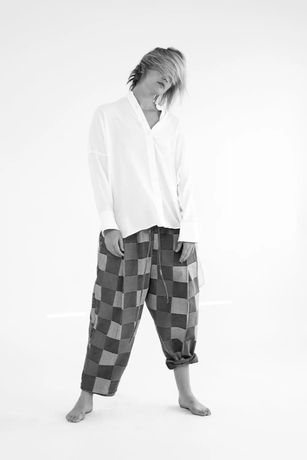 Collarless loose fit long sleeve shirts