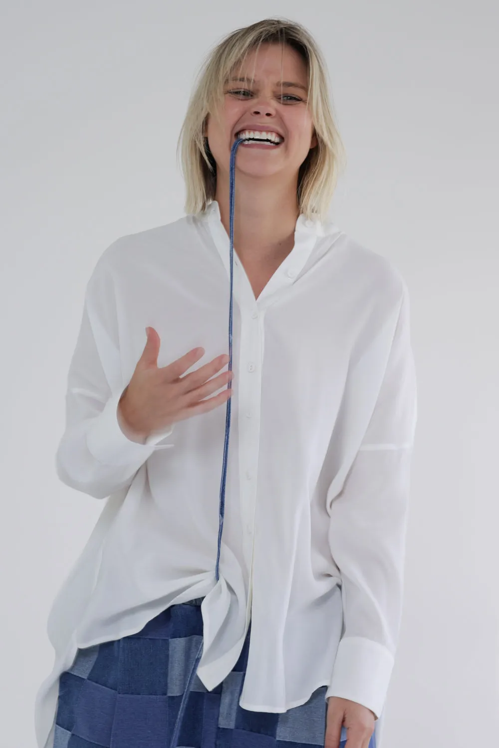 Collarless loose fit long sleeve shirts