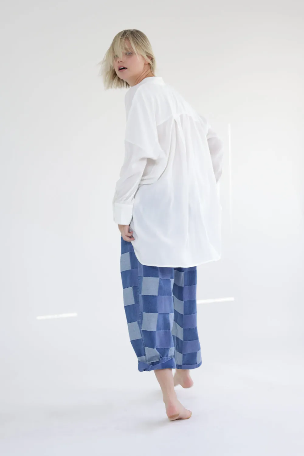 Collarless loose fit long sleeve shirts