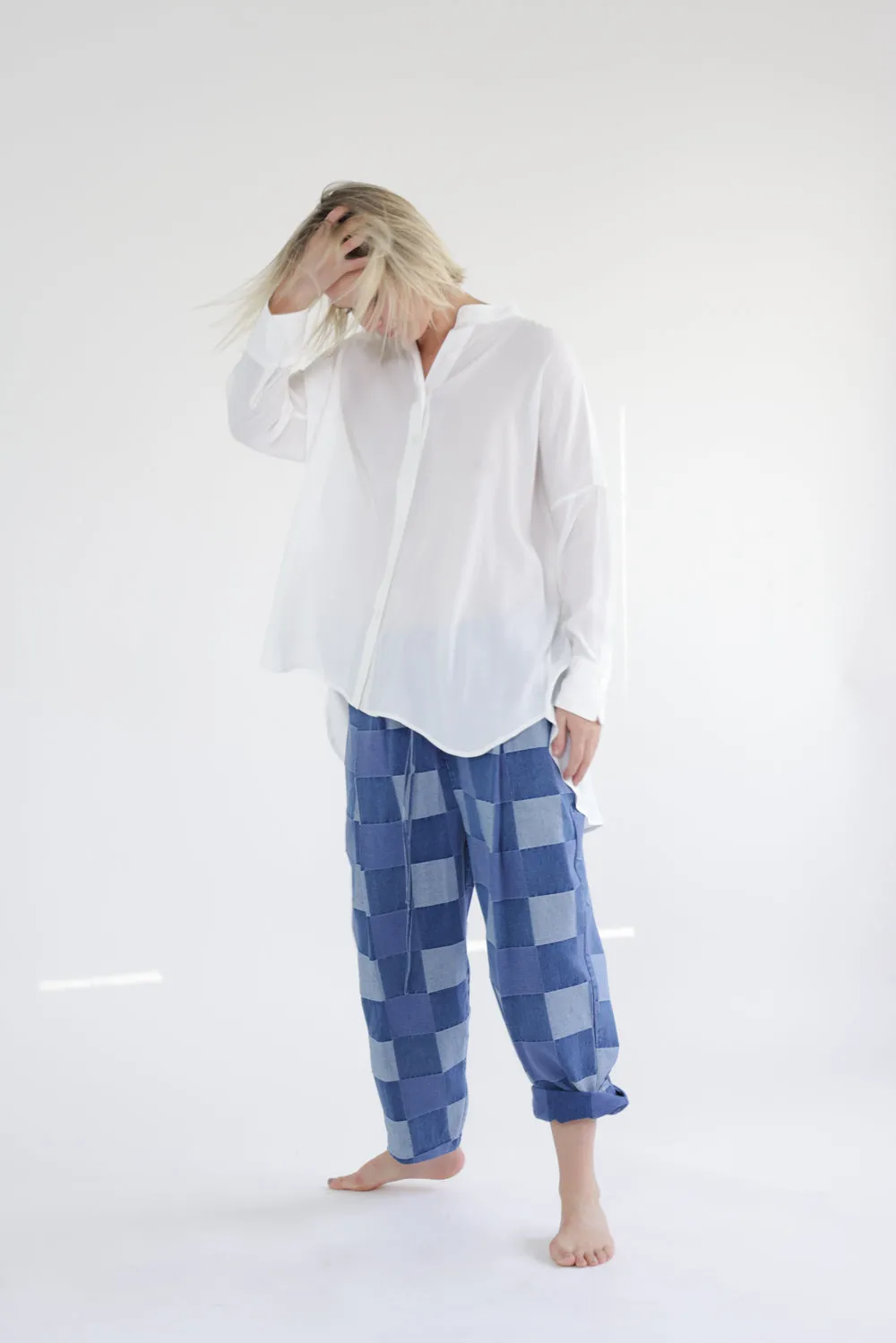 Collarless loose fit long sleeve shirts