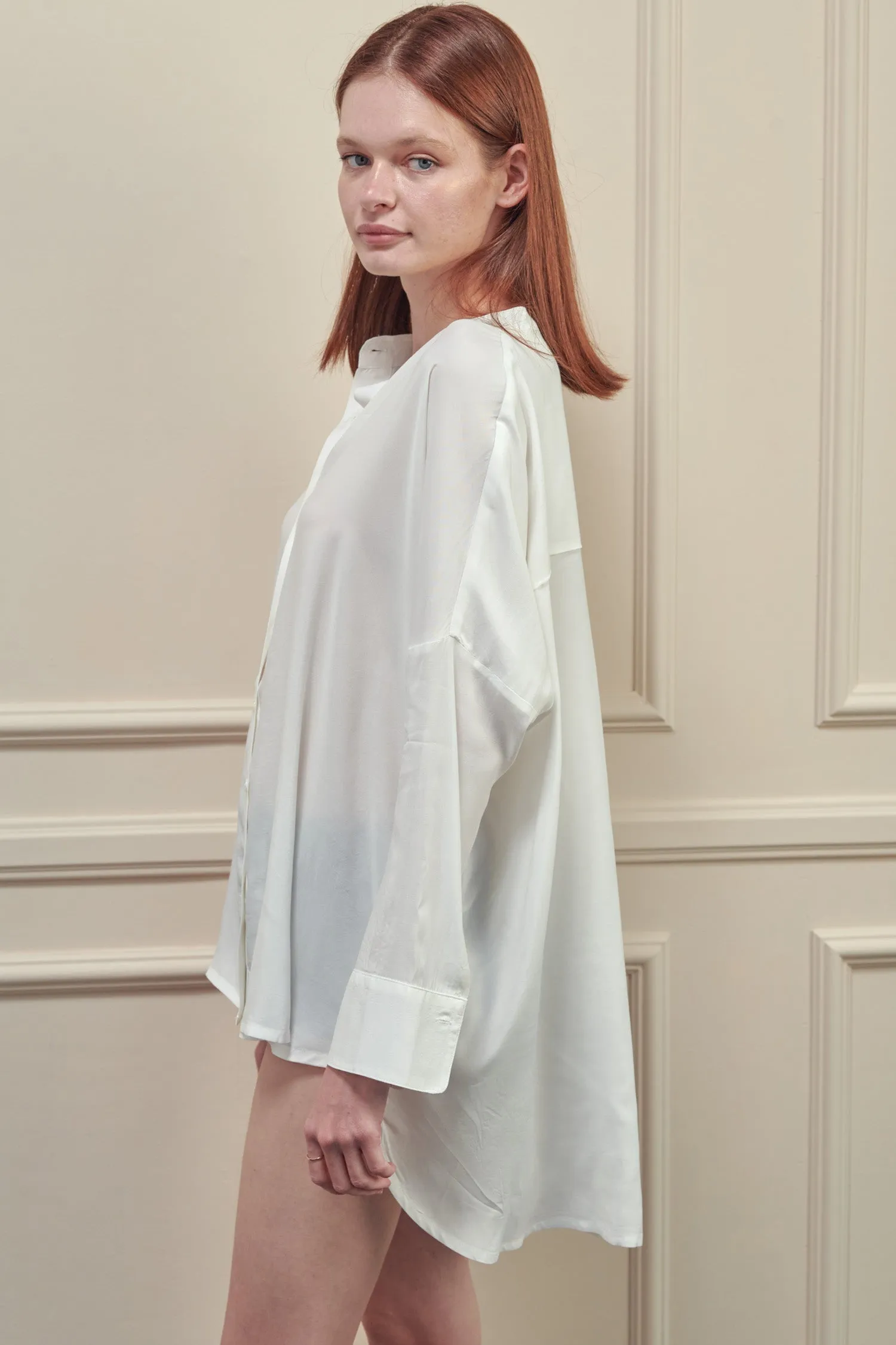 Collarless loose fit long sleeve shirts