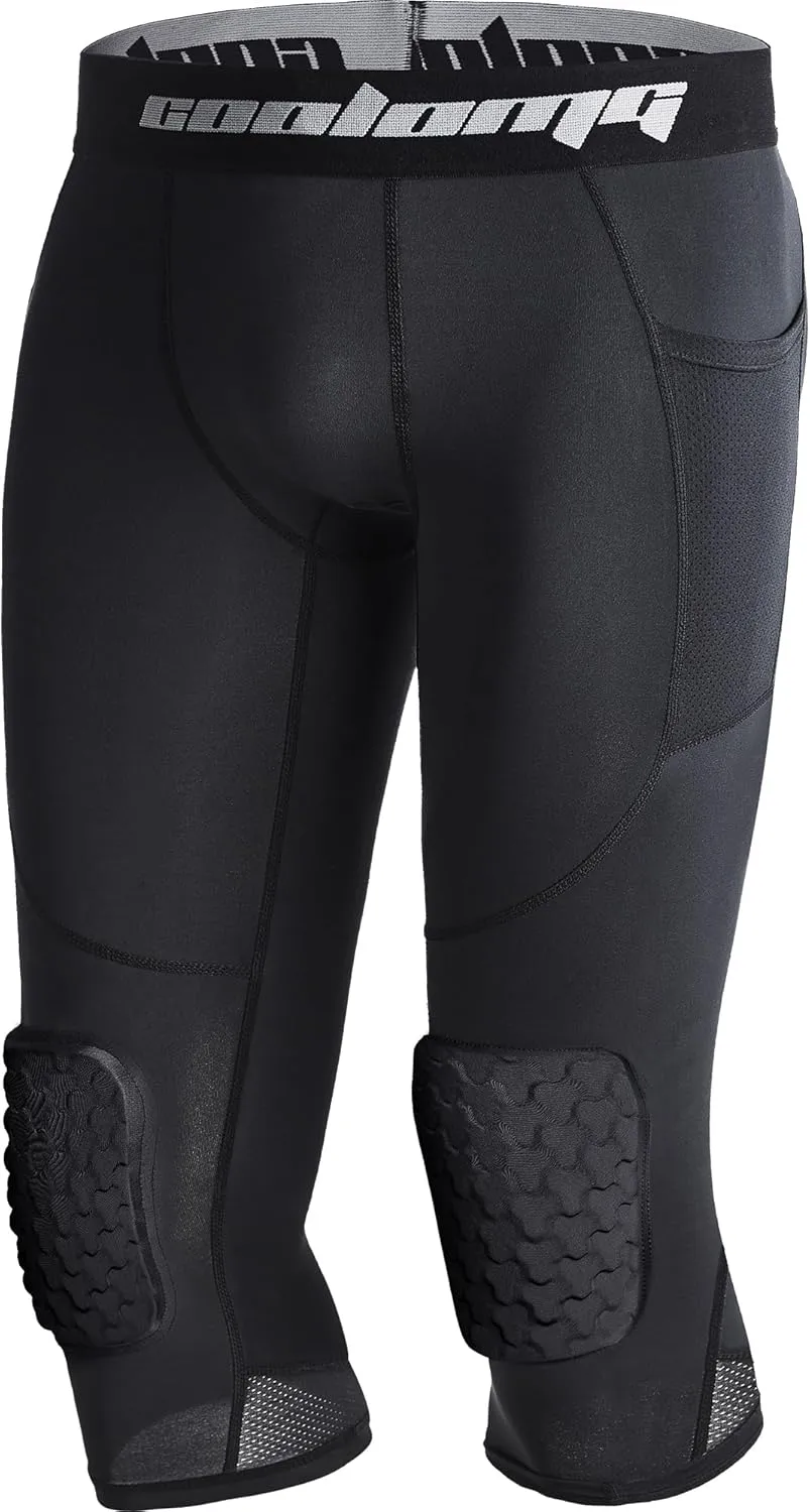 COOLOMG Men Basketball Leggings with Knee Pads Capri Padded Compression Pants Athletic Tights