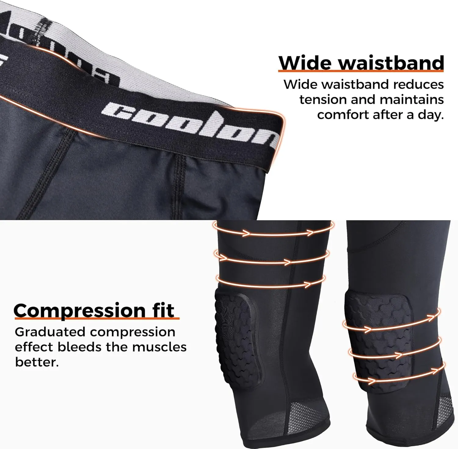 COOLOMG Men Basketball Leggings with Knee Pads Capri Padded Compression Pants Athletic Tights