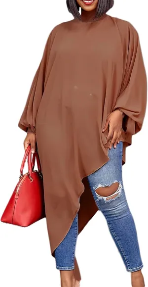 CORIRESHA Women's Plus Size Asymmetrical Chiffon Mock Neck Long Sleeve Solid Midi Dress
