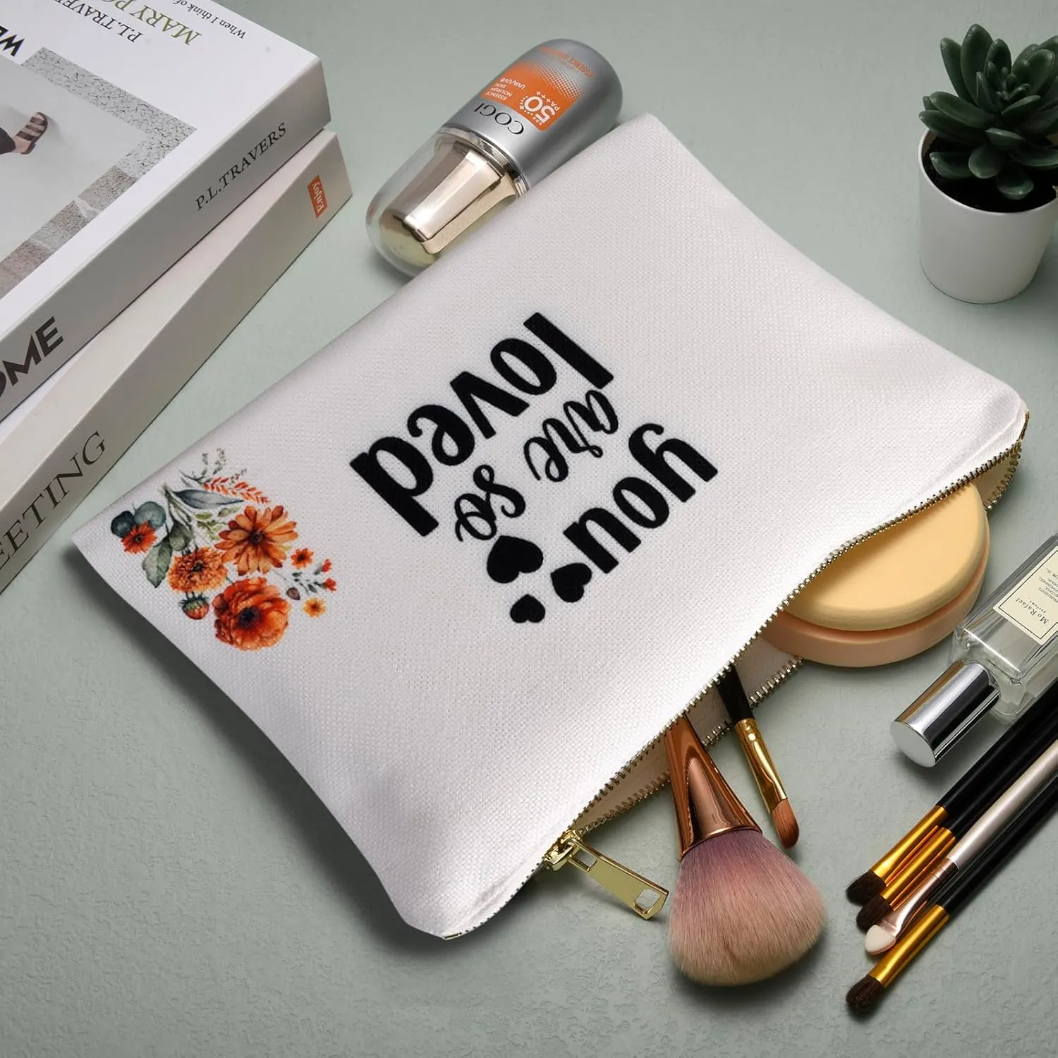 Cosmetic Bag, Female Friendship Gift, Medium Travel Linen Makeup Bag, You are So Loved, Linen Cotton Fabric White Toiletry Bag, Pouch, Birthday Gift Bag for Woman