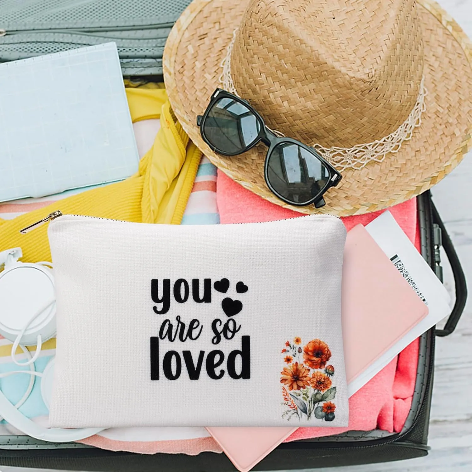 Cosmetic Bag, Female Friendship Gift, Medium Travel Linen Makeup Bag, You are So Loved, Linen Cotton Fabric White Toiletry Bag, Pouch, Birthday Gift Bag for Woman