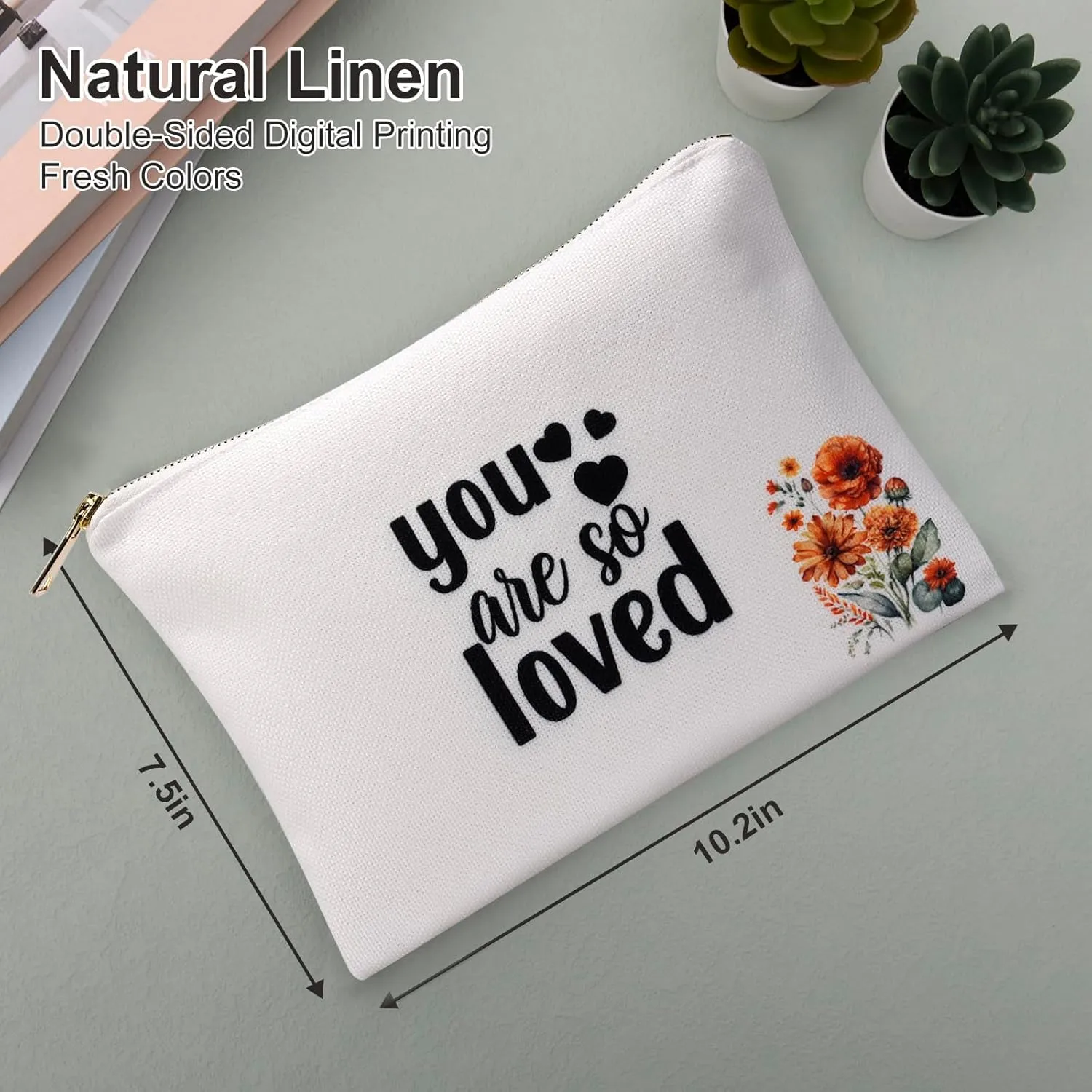 Cosmetic Bag, Female Friendship Gift, Medium Travel Linen Makeup Bag, You are So Loved, Linen Cotton Fabric White Toiletry Bag, Pouch, Birthday Gift Bag for Woman
