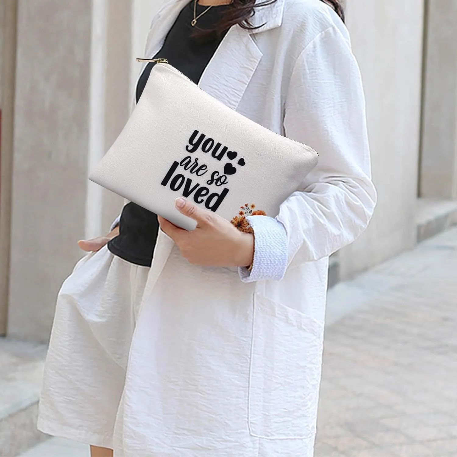 Cosmetic Bag, Female Friendship Gift, Medium Travel Linen Makeup Bag, You are So Loved, Linen Cotton Fabric White Toiletry Bag, Pouch, Birthday Gift Bag for Woman